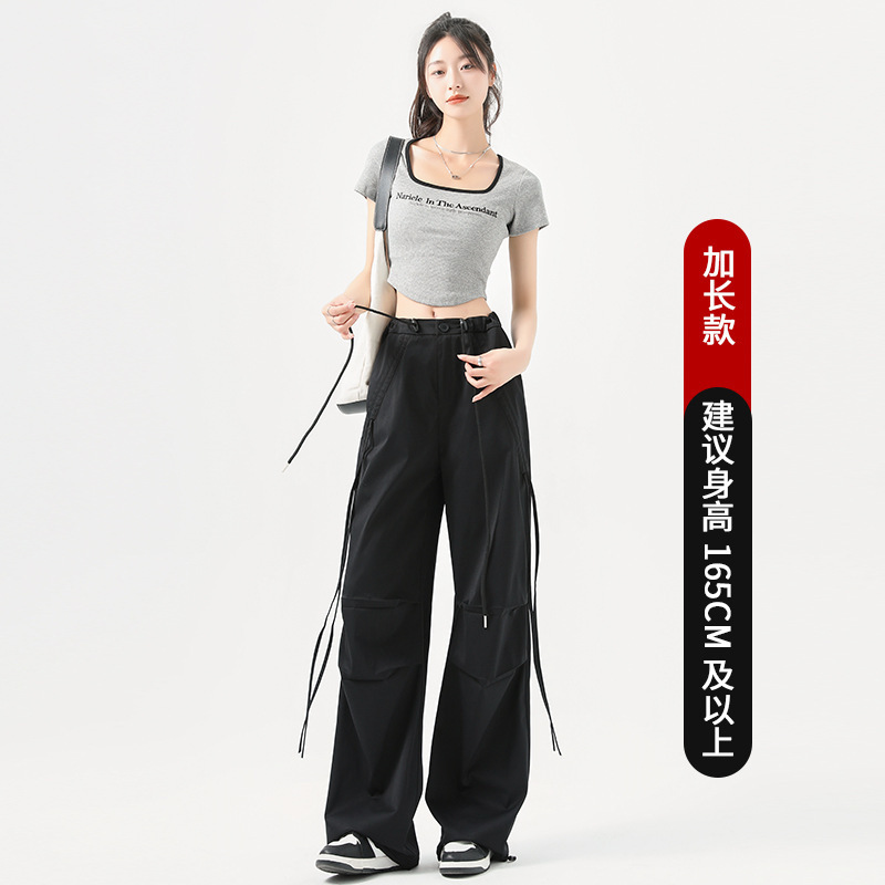 系带设计感工装裤女夏秋窄版阔腿休闲裤高腰抽绳运动伞兵裤子女款|undefined