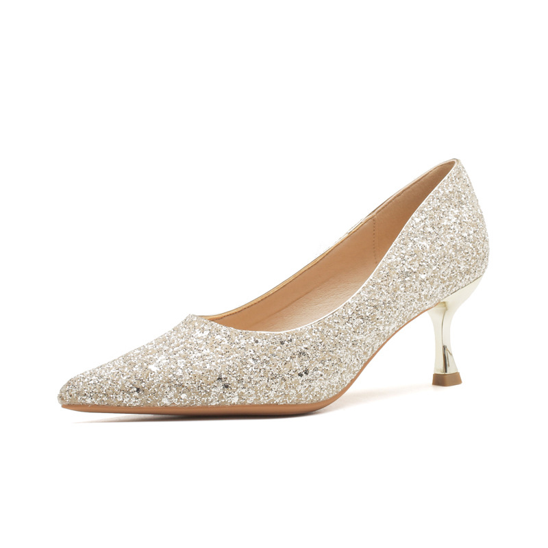 Giày cao gót mũi nhọn sequin lấp lánh CG6018 – miệng nông, gót nhọn — Màu Sâm panh