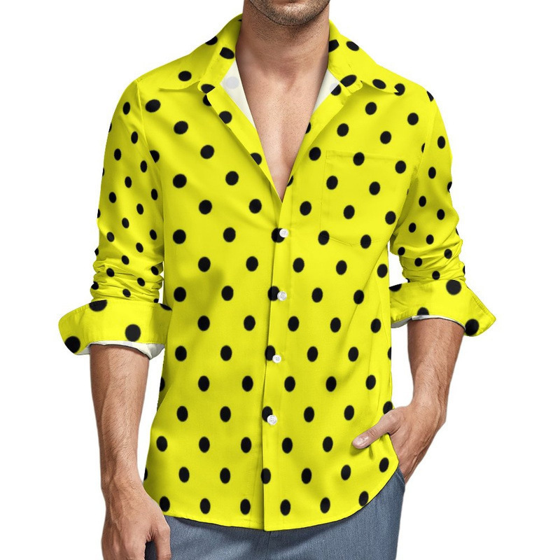 Customized New Hawaiian Beach Shirts for Cross-Border Trade, Men's Long-Sleeve Digital Print Shirts with Polka Dots