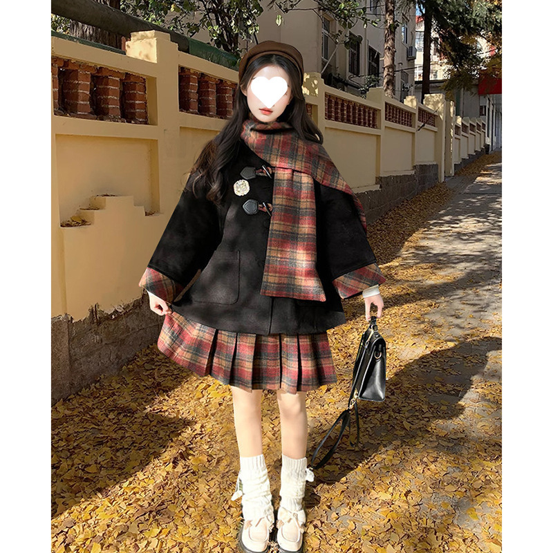 [Fuguang] Jk Uniform Woolen Suit Preppy Style Cute Plaid Cloak Scarf Collar Jacket Winter Two-Piece Set