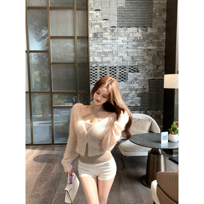 実拍実価格高エネルギー小美麻花ストラップニットカーディガン2点セット|undefined