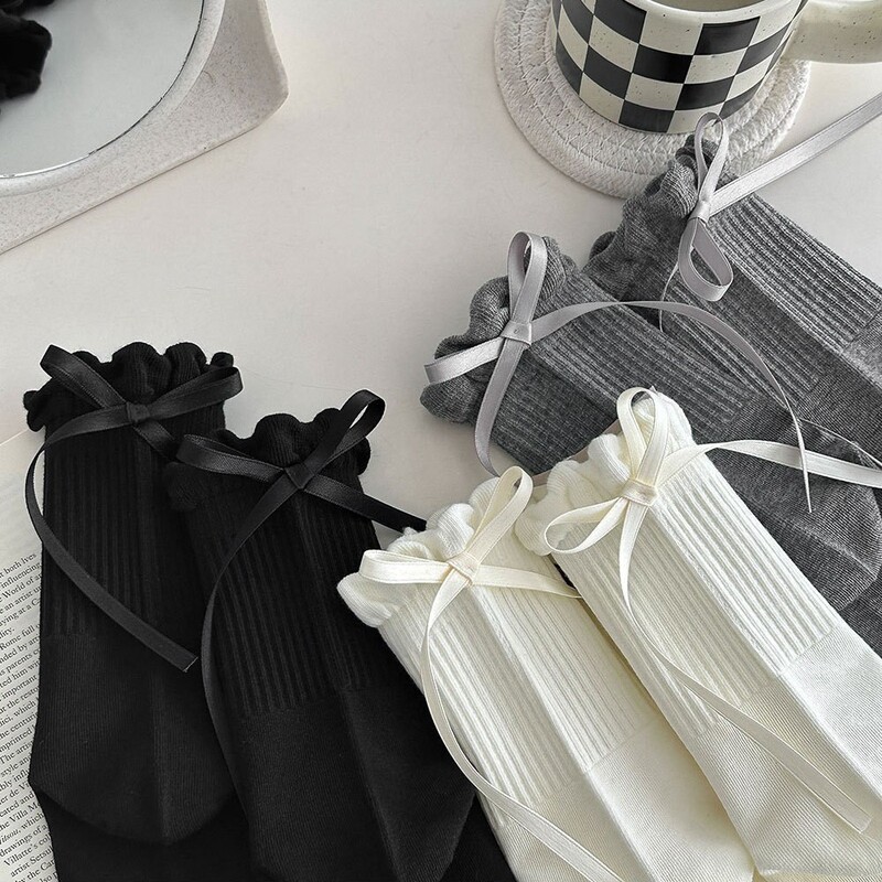Bow Lace Socks Women's Mid-Calf Socks Autumn and Winter Ruffled Socks Jk Ear Cotton Socks with Small Leather Shoes