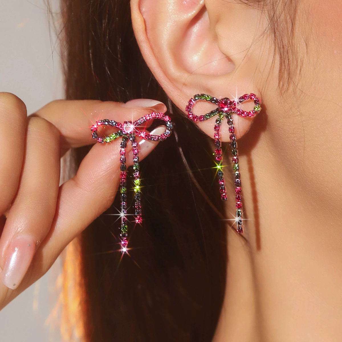 Серьги DINGKA бант с rhinestone, медь с серебряным покрытием, 4.4×2.7 см, 7.3 г