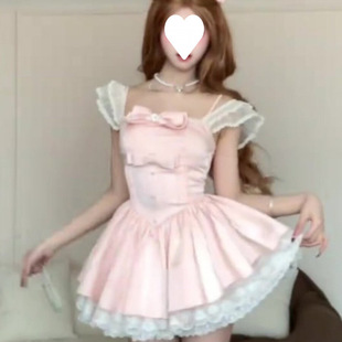 韓系粉色蕾絲小飛袖吊帶連衣裙女夏季生日裙甜辣收腰蓬蓬裙子