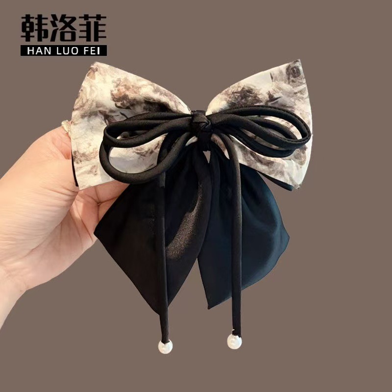 新中式头饰复古水墨画蝴蝶结发夹女后脑勺盘发弹簧夹半扎一字横夹|undefined