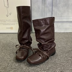 真皮复古西部堆堆靴女欧洲站2025芭蕾舞绑带褶皱中筒靴套筒瘦瘦靴