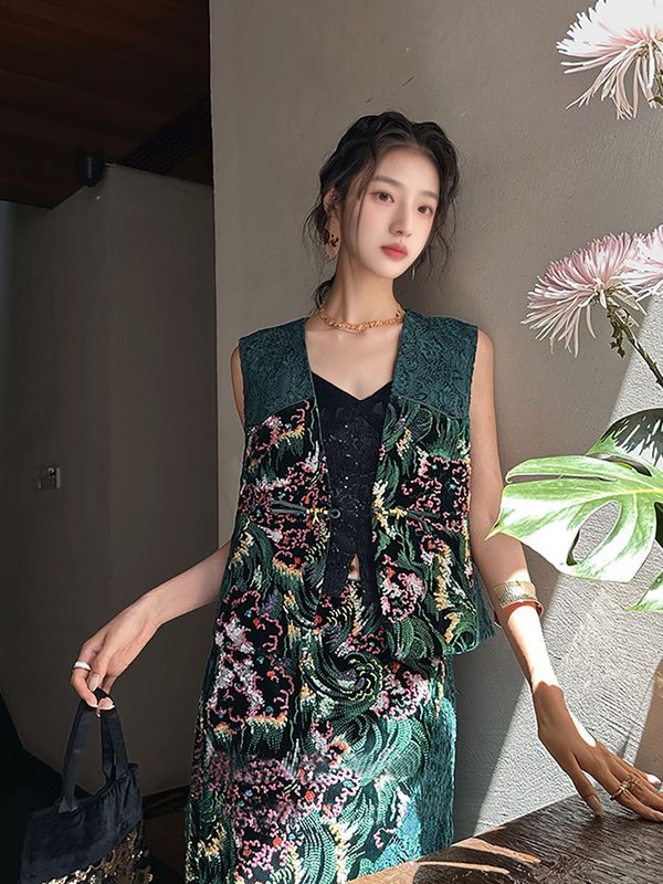 国风新中式套装复古轻奢重工丝绒绣花定马甲半裙两件套女 N9031|undefined