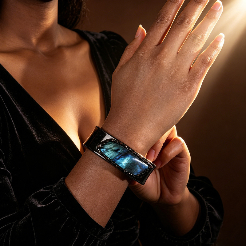 A Natural Labradorite Opening Adjustable Exaggerated Atmospheric Electroplated Bronze Bracelet Women's Party Gift