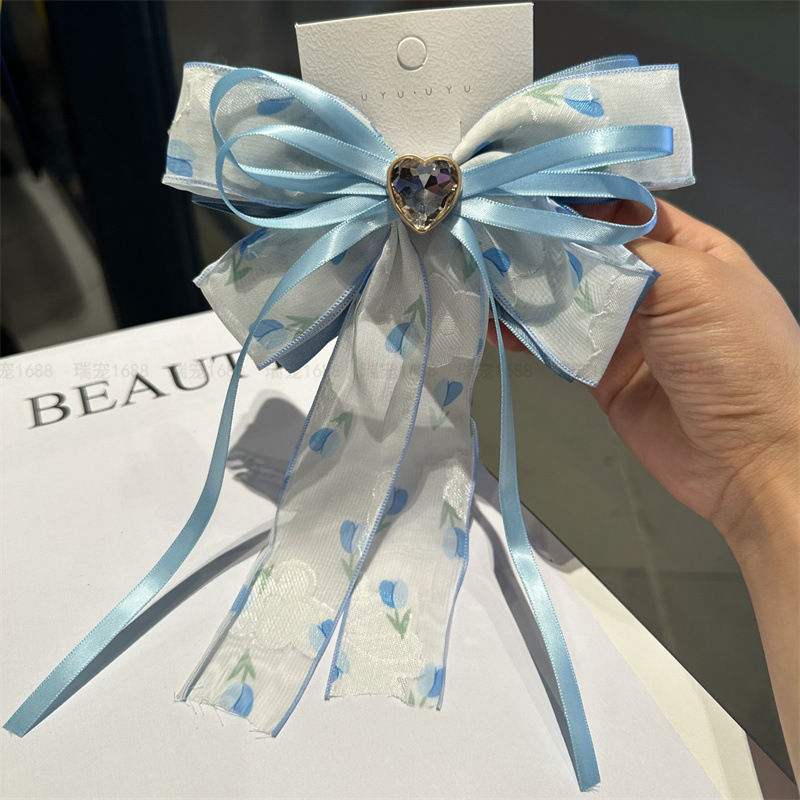 蝴蝶結絲帶髮夾韓系碎花新款時尚水鑽愛心飄帶後腦勺氣質髮飾發卡