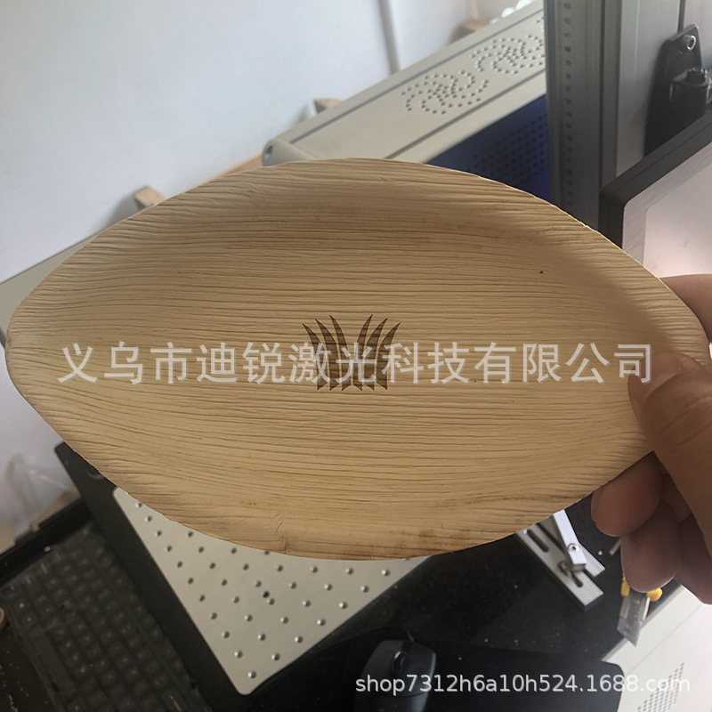 Disposable biodegradable bamboo palm leaf plate and tableware laser LOGO marking lettering printing
