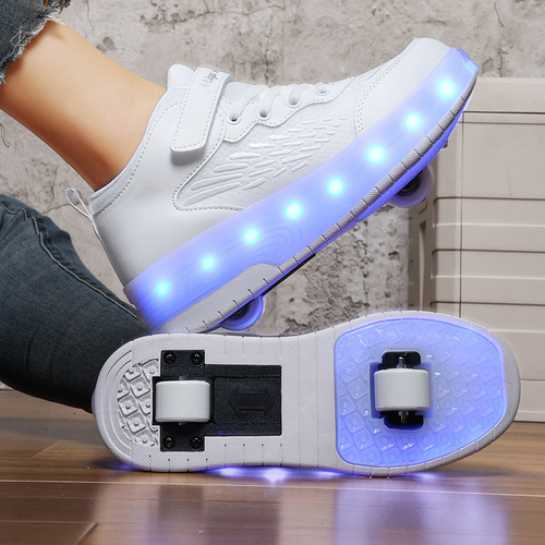 Children's Running Shoes with Four-Wheeled Transforming Roller Skates for Boys, Dual-Wheel Invisible Roller Skates, Purple and White Ice Skates for Wholesale