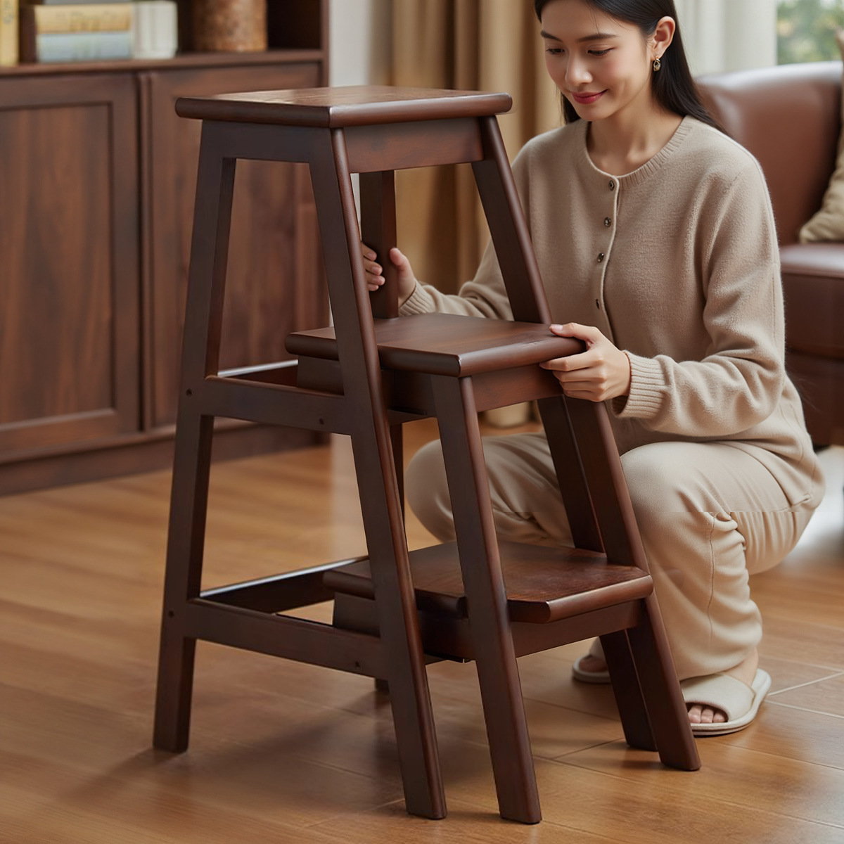 实木梯凳家用可抽拉登高梯子凳子两用多功能置物厨房稳步爬梯凳子