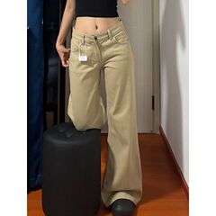 2025年美式复古微喇牛仔裤新款低腰宽松卡其色直筒拖地裤子喇叭裤