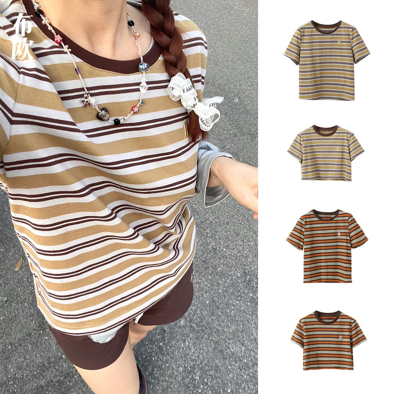[Clearout No Returns] Nanyou Niche Designer Brand Retro Embroidered Striped T-Shirt Short Top for Women