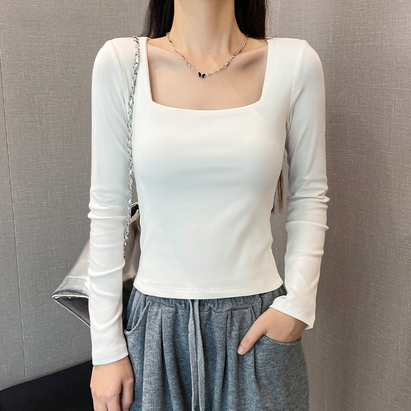 White Square Neck Long-Sleeved T-Shirt for Women 2024 New Autumn and Winter Bottoming Shirt with Navel-Covering Short Outer Top White Square Neck Long-Sleeved T-Shirt for Women 2024 New Autumn and Winter Bottoming Shirt with Navel-Covering Short Outer Top