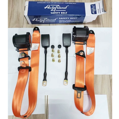 Car driver seat belt: Car seat belt - sl-2-3-point-retractors-orange-2-30cm-steel-wire-bases-black-8-screws-packed-in-box