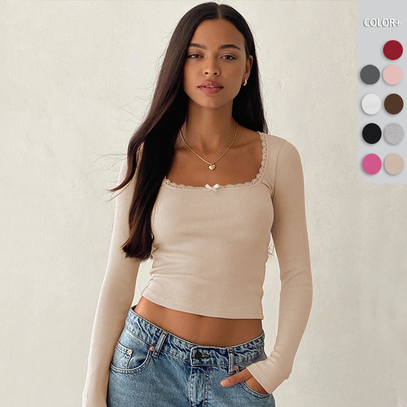 跨境欧美外贸Y2K衣服性感蕾丝长袖针织打底衫方领修身内搭上衣女