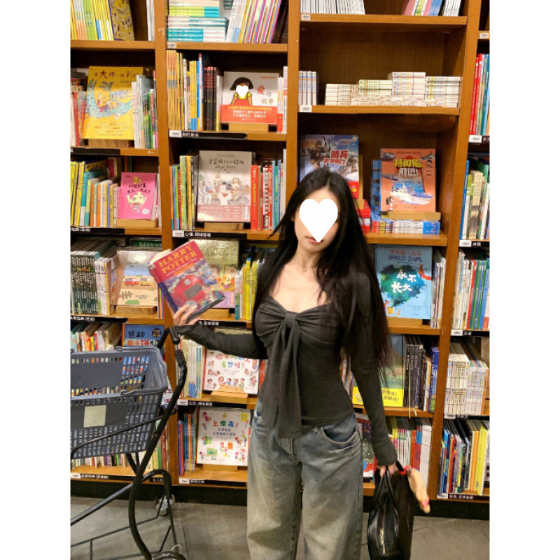 工厂批发纯欲辣妹红色蝴蝶结长袖T恤女设计感修身气质打底衫上|undefined