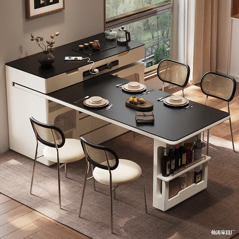Small Apartment Kitchen High-End Island Retractable Dining Table Integrated Household Slate Rotating Multi-Functional Bar Table Sideboard