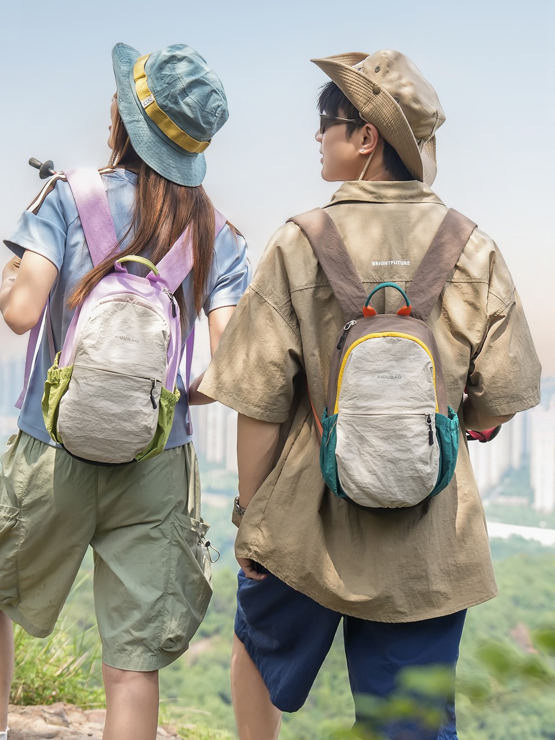Cross-Border New Style Dopamine Color-Blocking Backpack, Water-Repellent Nylon Sports Hiking Bag, High-Value Backpack for Men and Women