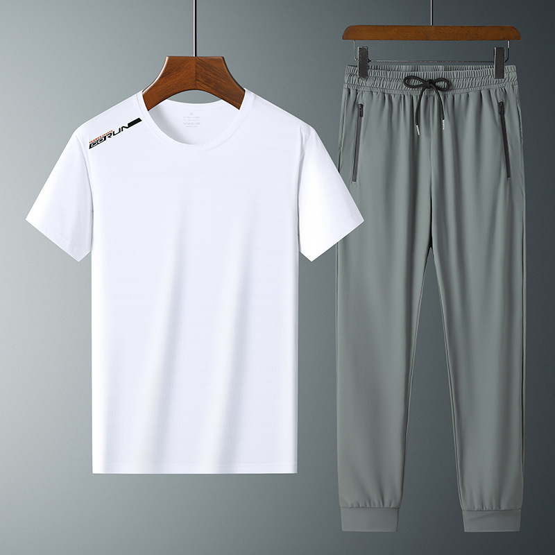 Moda pantalones de seda de hielo cuello redondo Camiseta de dos piezas para hombres talla grande suelta de secado rápido traje deportivo LOGO se puede formular