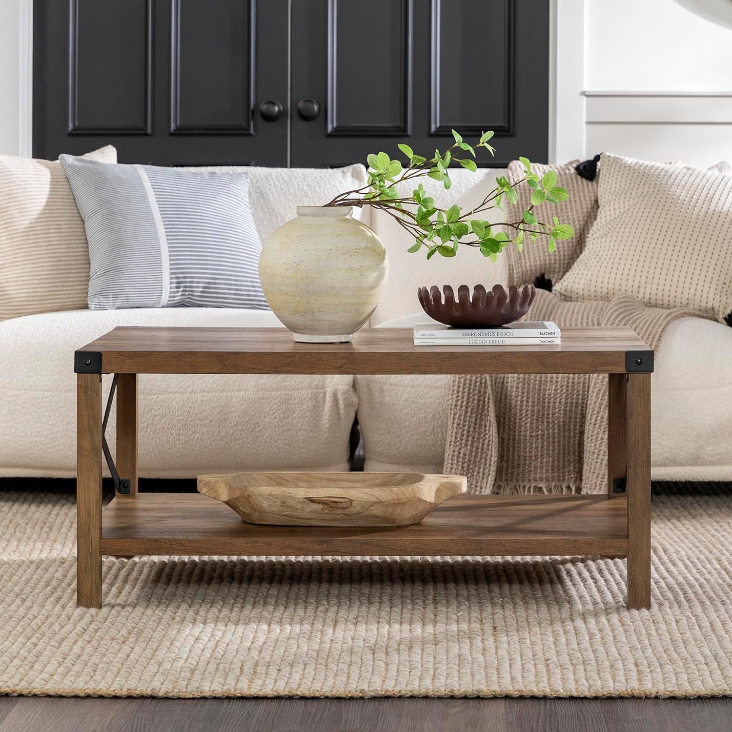 Modern minimalist solid wood long coffee table with metal frame for living room and office, bestseller on Amazon for cross-border trade