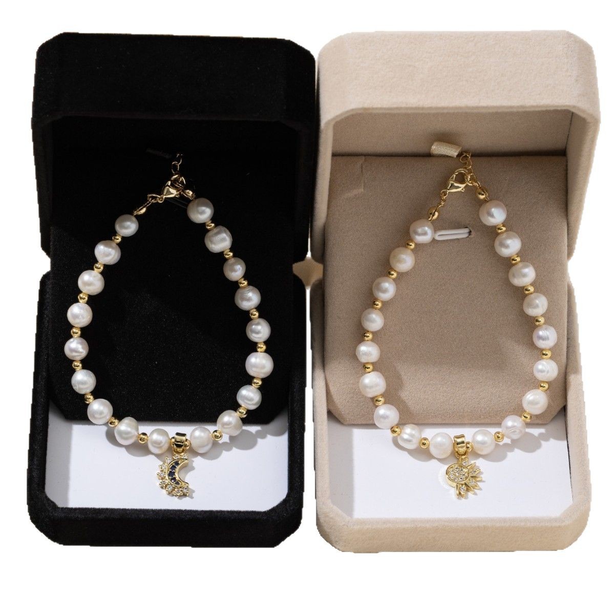 Pulseras de perlas de agua dulce naturales pulseras de bronce de alta calidad pulseras de oro sol luna colgante joyas de pareja