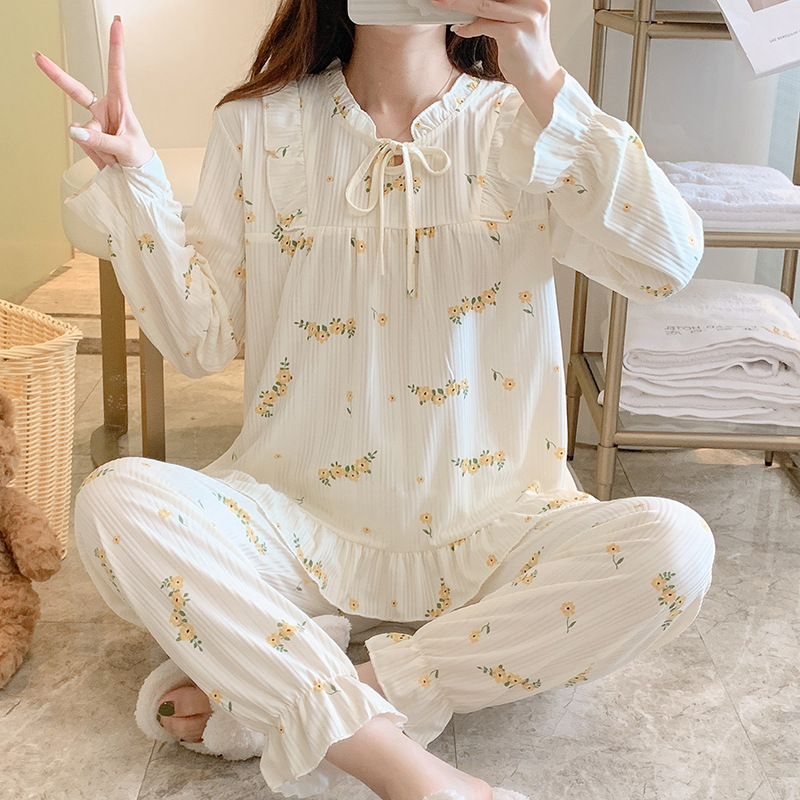 Estilo japonés pijamas florales de las mujeres de otoño e invierno estilo coreano de manga larga dulce lindo princesa estilo vivo traje de desgaste al por mayor