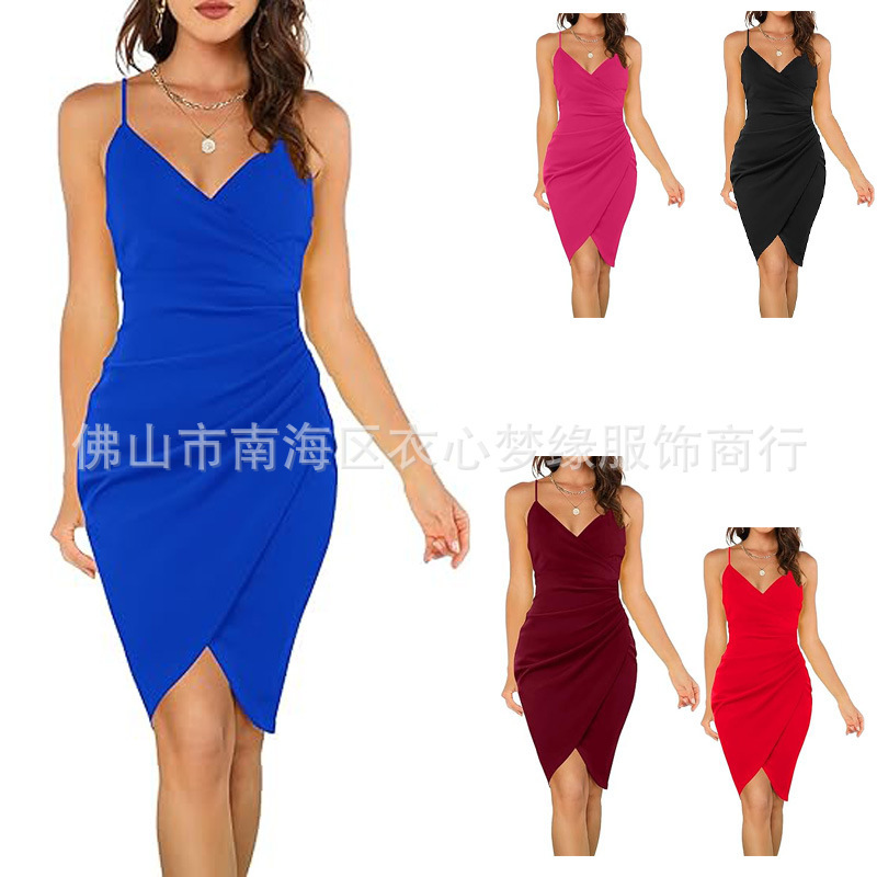Amazon cross-border Women's 2023 V collar thin shoulder pleated tight cocktail party dress