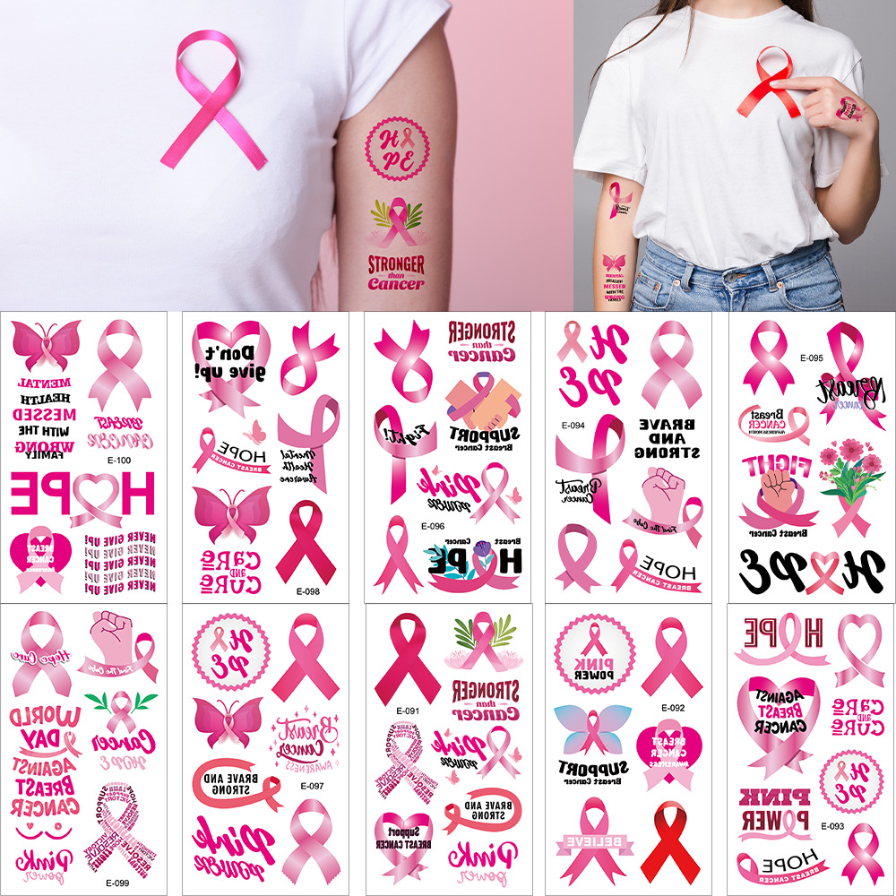 Tatuajes Temporales Faciales de Cintas Rosas de Papel de Transferencia de Agua, Impermeable para Concientización del Cáncer de Mama