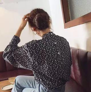 韩国chic秋季复古气质立领后背单排扣设计长袖碎花雪纺衬衫上衣女