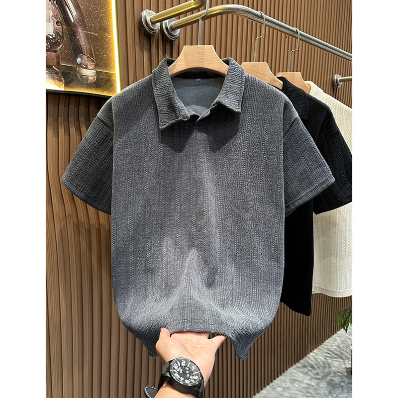 Textured Wheat Grain Pattern Short-Sleeve Men's Summer American Heavy Trendy Brand Stylish Polo Shirt with a Turn-Down Collar and Regular Shoulders T-Shirt