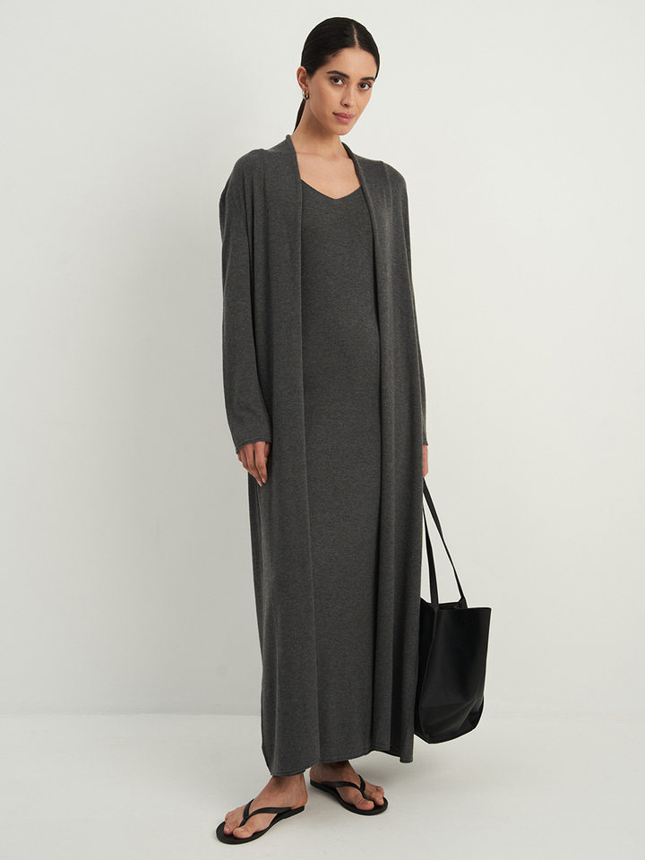 Bộ đầm dài kèm áo cardigan dệt kim dài tay nữ — Màu cà phê đậm, Màu hồng, Màu trắng, Màu xám chi tiết 110