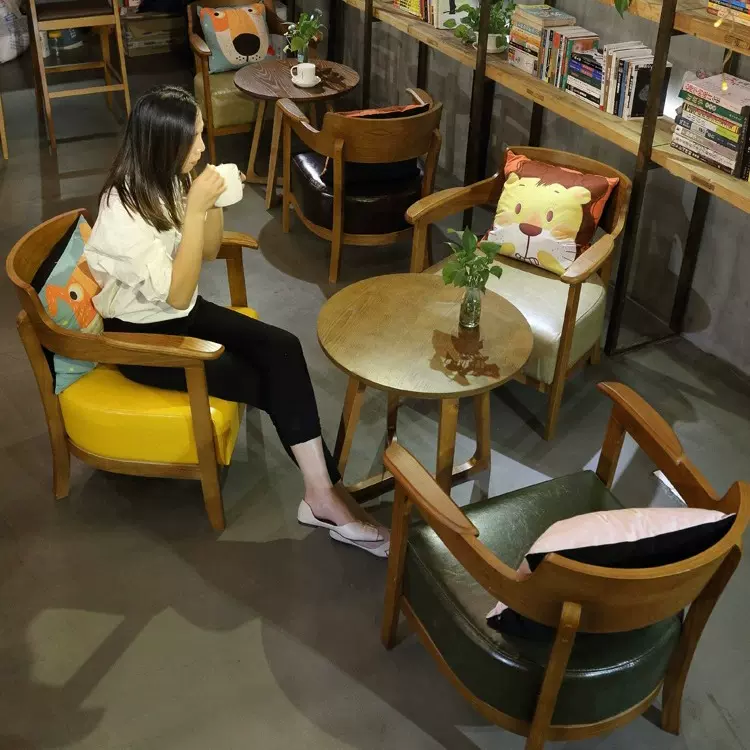 甜品奶茶店咖啡厅桌椅休闲书吧休息区洽谈休闲实木围椅茶几组合