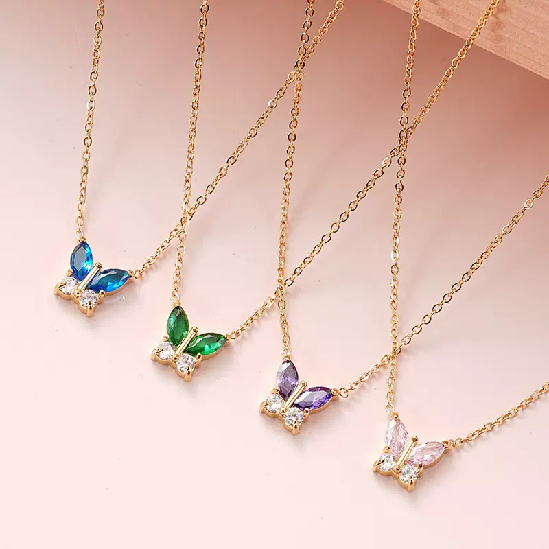 简约时尚设计感蝴蝶造型18k金色真空电镀彩色锆石女士锆石项链