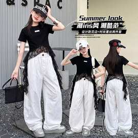 女童韩系高级感套装洋气2026超火夏装女大童短袖T恤阔腿裤两件套
