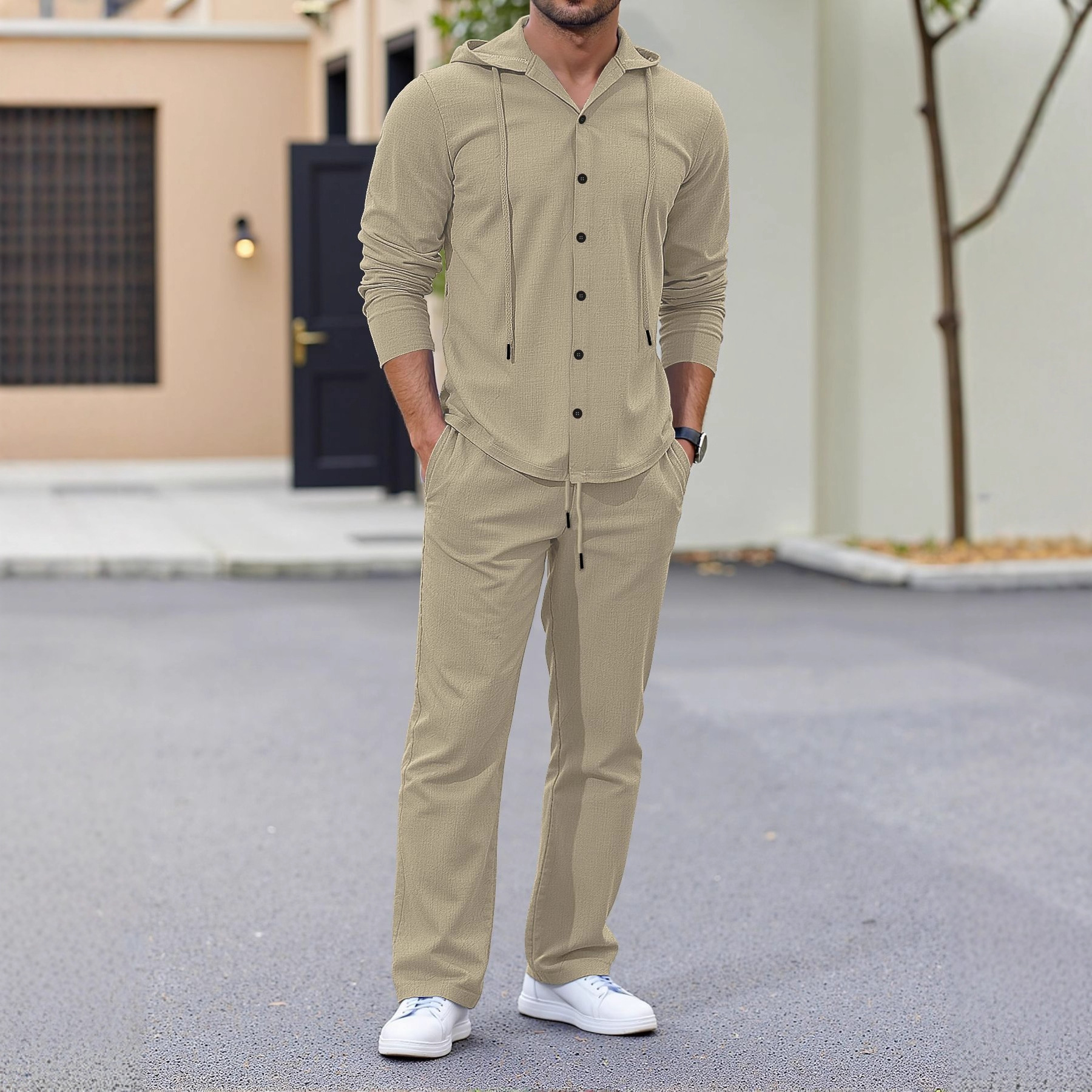 Men's Linen Hooded Shirt & Pants Set - Relaxed Fit Casual Outfit For Spring & Autumn (Beige/Gray, S-XXL) | Breathable Natural Fiber Lounge Wear_voghion.com