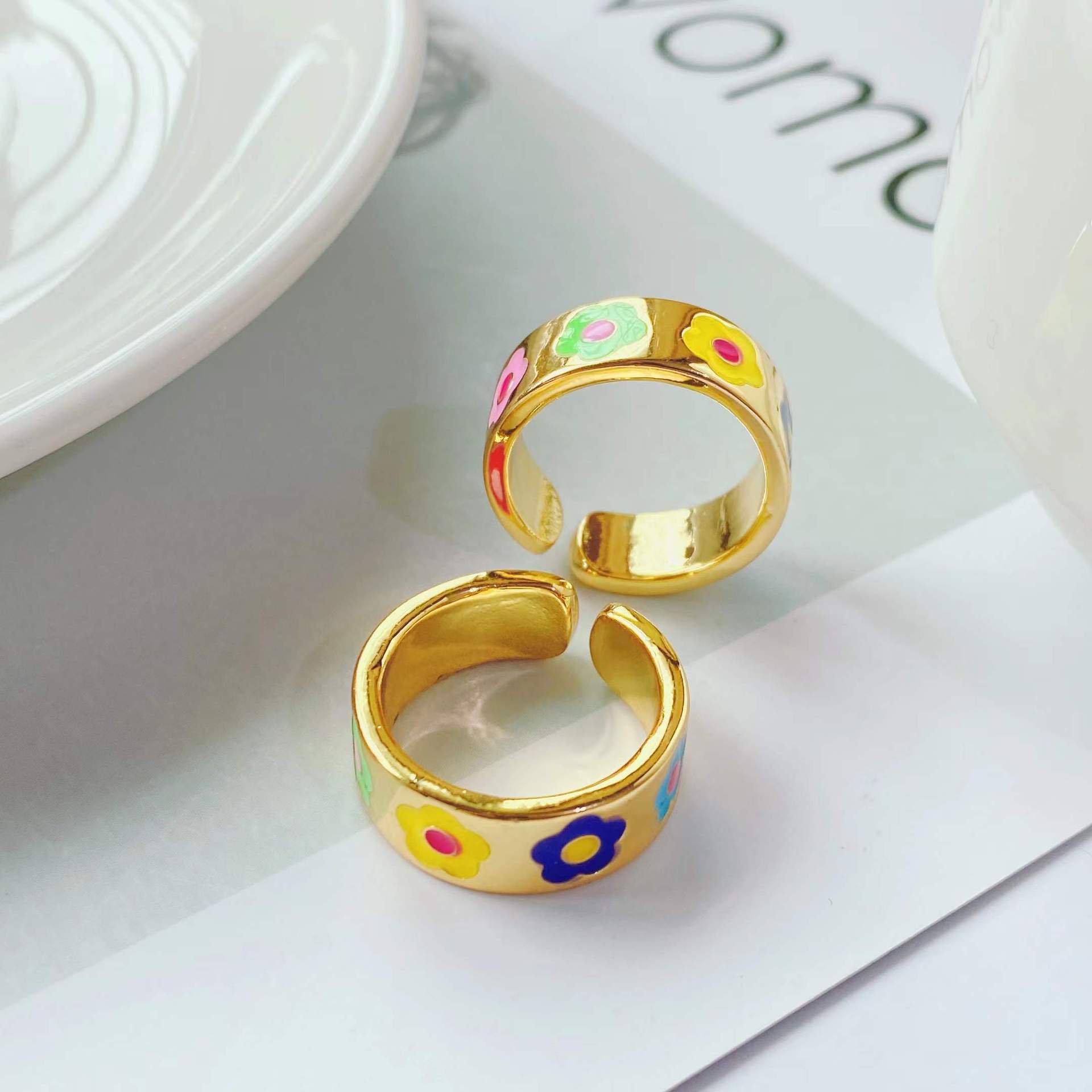 European and American simple flower ring plated 18k gold dripping oil opening adjustable ring