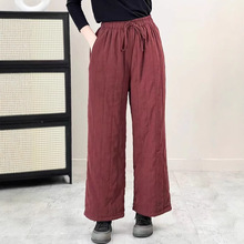 文艺复古砂洗亚麻棉裤女冬季厂家直供显瘦休闲直筒夹棉外穿保暖裤