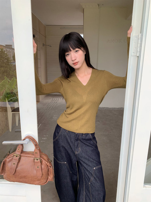 誉一新款2025秋季甜辣风领针织衫女百搭修身显瘦长袖上衣女c3090|undefined
