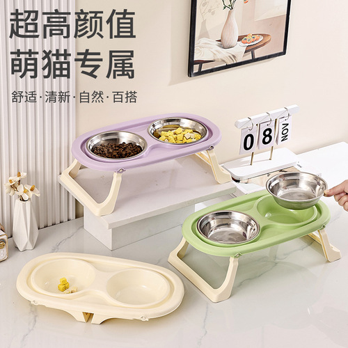 Cat bowl, stainless steel pet bowl, dog bowl, cat food bowl, cat bowl, neck guard, high feet, foldable pet drinking water feeding bowl