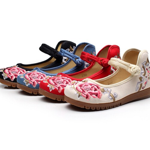 Flat shoes, tendon soles, embroidered cloth shoes, spring and autumn large-toe shoes, mother's shoes, one-strap women's shoes
