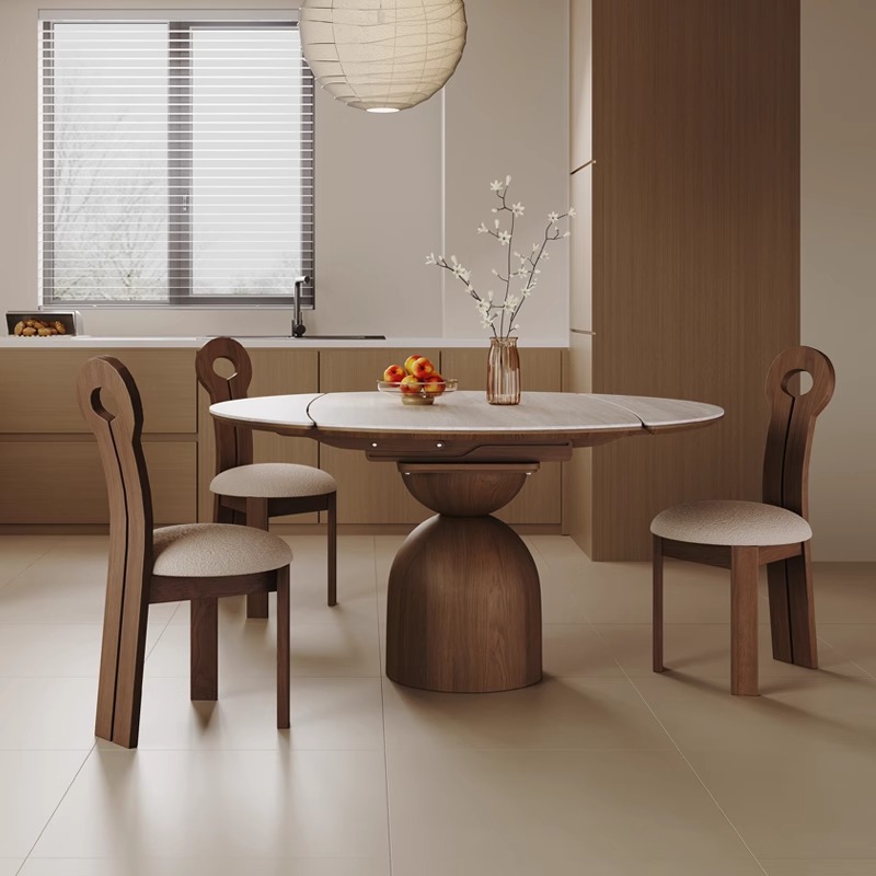 estilo retrógrado francés madera sólida tabla de roca mesa de comedor silla combinación de casa pequeña tabla redonda plegable retráctil estilo antiguo