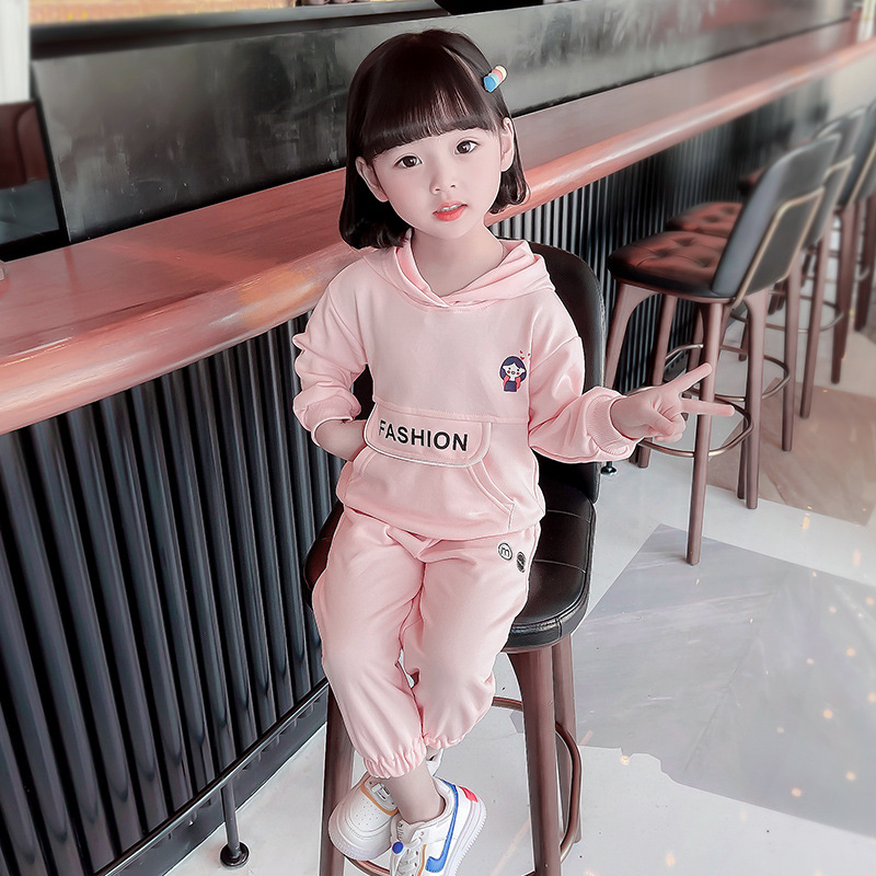 女童套装2022春装宝宝连帽卫衣两件套小童运动装卡通图案棉质套装