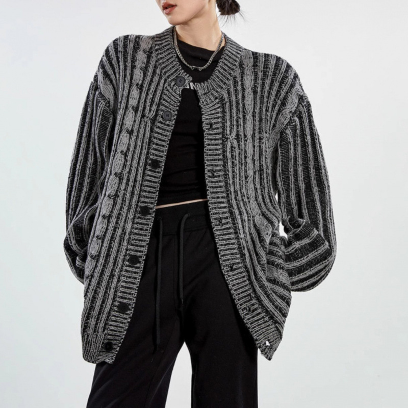 American Retro Twisted Rope Distressed Design Cardigan Sweater for Men and Women, High Street Imitation Denim Sweater Jacket for Winter