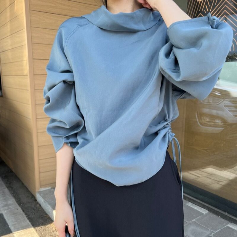 In-Stock Korean Chic Early Spring Design Drawstring Front Long-Sleeve Shirt for Women, Loose Simple Top 95752