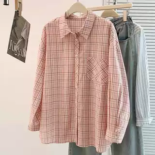 实拍XH韩系温柔格纹衬衫女 黄粉两色宽松长袖叠穿衬衣