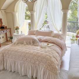 夫s法式玫瑰蕾丝边全棉水洗棉四件套纯棉床单公主风被套高端床上