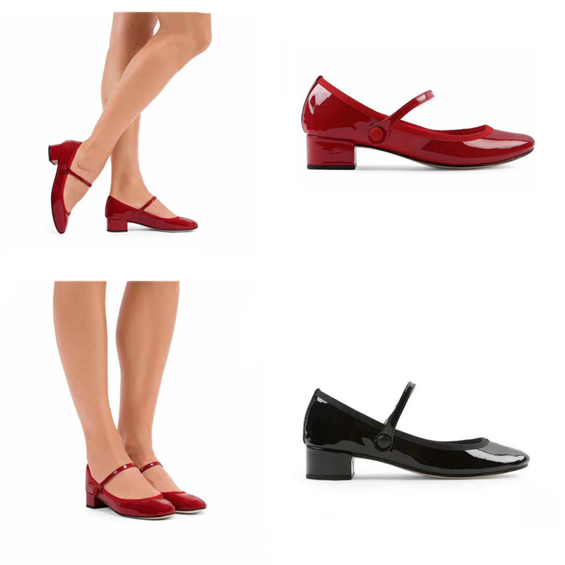 Original Design~ Chunky Heel Mary Jane Shoes, Shallow Mid-Heel, Genuine Leather, Classic Fashion, Patent Leather, Red Shoes, Ol Commuter Flats for Women