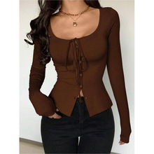 W 50107LSquare-neck tied waist top ������������������ͨ��